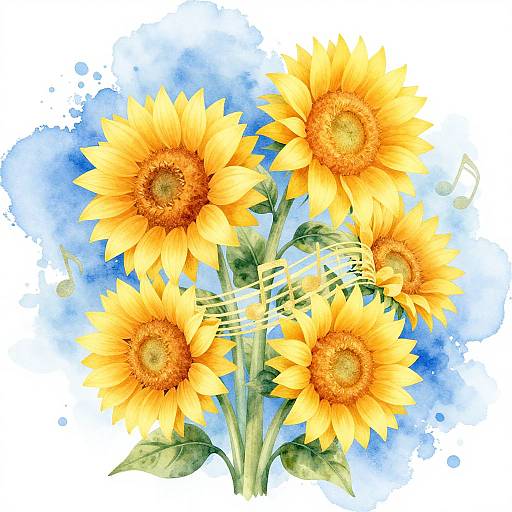 Watercolor painting of vibrant yellow sunflowers with orange centers, green leaves, and a blue watercolor background, creating a bright, cheerful scene.