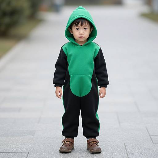 Young boy in green and black hooded costume