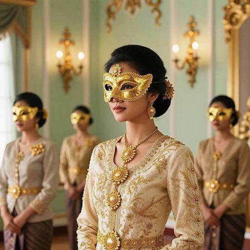Photograph of four Asian women in ornate gold masks and embroidered cream dresses, standing in an opulent, vintage-style room.