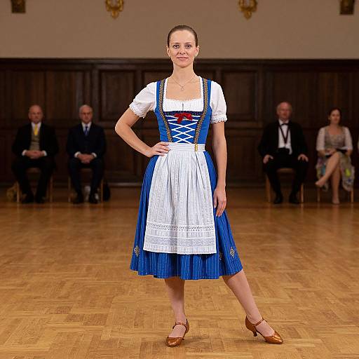 Photograph of a woman in a blue Bavarian dirndl dress with white apron, brown shoes, standing confidently on a wooden floor, with blurred