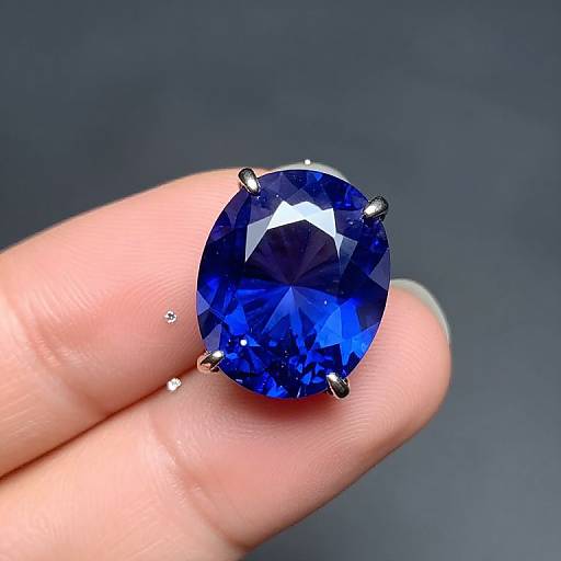 Close-up photograph of a large, oval-shaped, deep blue gemstone, held by a human finger with a dark gray background.