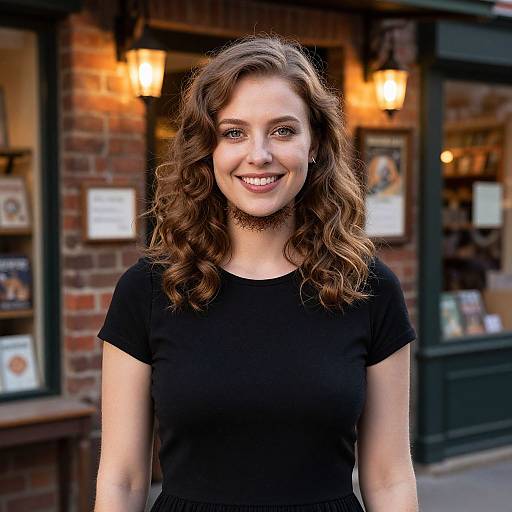 Photograph of a smiling young woman with wavy brown hair, wearing a black short-sleeve top, standing in front of a warmly lit brick