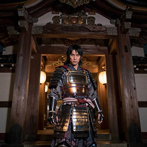 Photograph of a serious Asian warrior with black hair, wearing shiny black and gold samurai armor, standing in a traditional Japanese wooden doorway with warm,