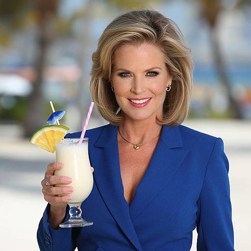 Photograph of a smiling, light-skinned woman with shoulder-length blonde hair, wearing a blue blazer, holding a tropical cocktail with a pink straw