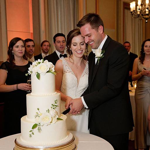 Photograph of a smiling bride and groom cutting a three-tiered white wedding cake with white roses, surrounded by guests in formal attire.