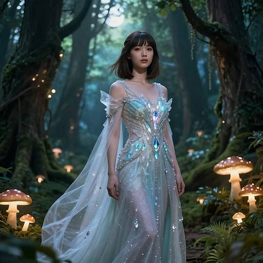 Photorealistic CGI of an ethereal woman in a shimmering, silver gown with iridescent accents standing in a mystical forest, surrounded by glowing