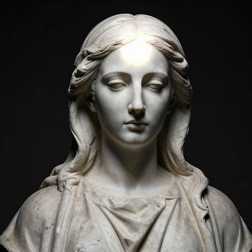 Photograph of a classical marble statue featuring a serene, androgynous-faced figure with long, wavy hair, illuminated from above, against a