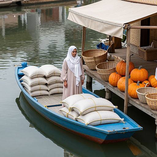 Photograph of an elderly man in a white turban and beige robe, standing in a blue boat filled with white sacks, docked beside a wooden