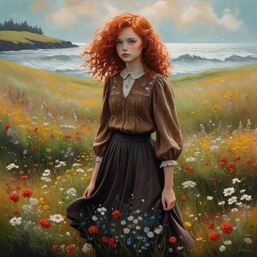 Red-haired Woman in Vintage Dress by Flower Field