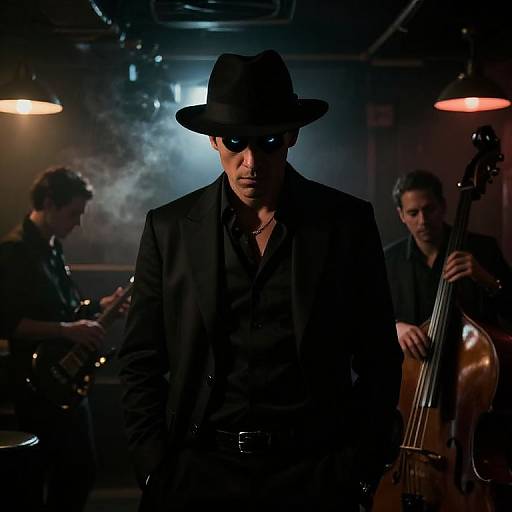Photograph of a dark-haired man in black suit and hat, sunglasses, standing center stage with smoke, two musicians playing guitar and cello in dim