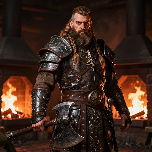 Photograph of a bearded Viking warrior with braided hair, wearing dark, ornate steel armor, holding a large battle axe, standing in front