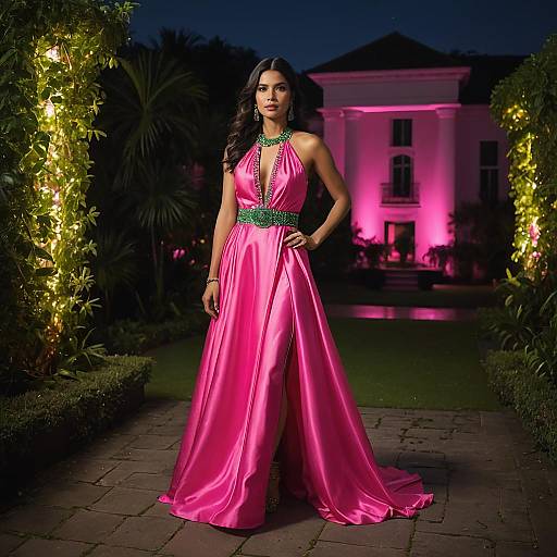Woman in Neon Pink Evening Gown on Garden Terrace