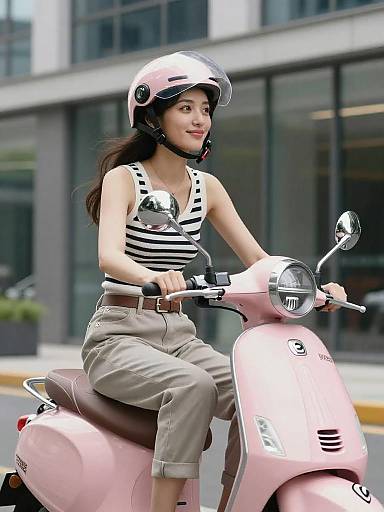 Young Woman Riding Pink Scooter
