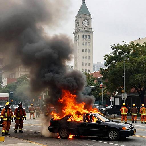 Fiery City Scene with Firefighters