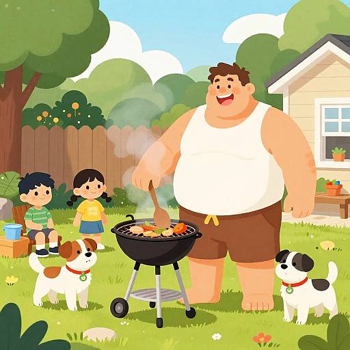 Cartoon illustration of a chubby man in a white tank top and brown shorts grilling with two children and two dogs in a sunny backyard.