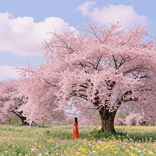 Solitary Figure Beneath Cherry Blossoms
