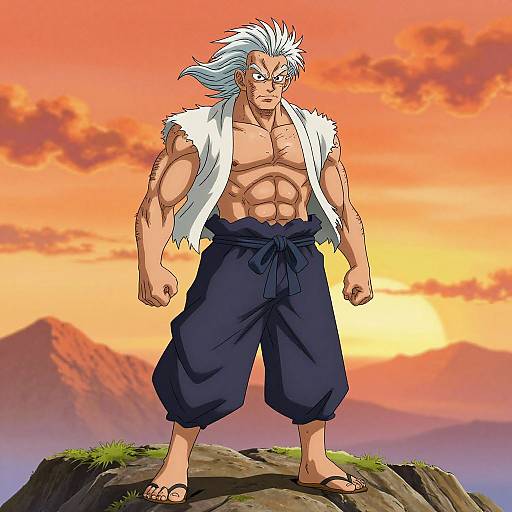 Muscular anime man with white hair, sleeveless fur vest, dark pants, sandals, stands on rock at sunset, mountains in background.