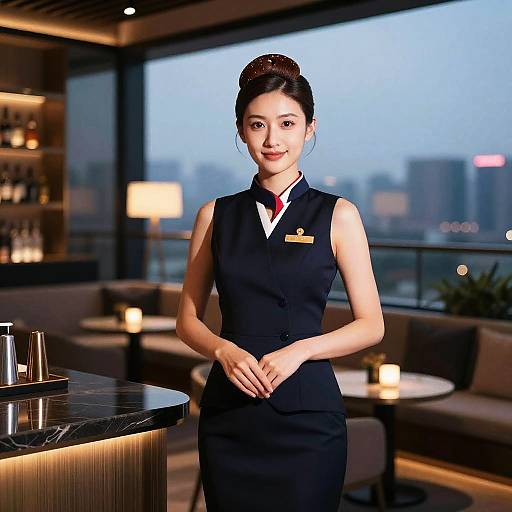 Photorealistic image of an attractive Asian woman with fair skin, black hair in an updo, wearing a black sleeveless waitress uniform, standing in