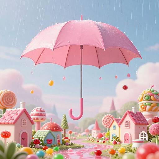 Whimsical photograph of a pink umbrella hovering over a colorful, candy-themed village with raindrops, lollipop houses, and vibrant sweets.