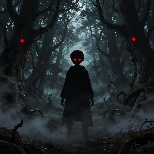 Silhouetted figure with glowing red eyes stands in a dark, misty forest, surrounded by eerie, red-eyed trees in a digital illustration.
