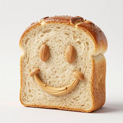 Photograph of a slice of golden-brown, textured white bread with almond eyes and a curved almond smile, giving a cheerful face against a white background