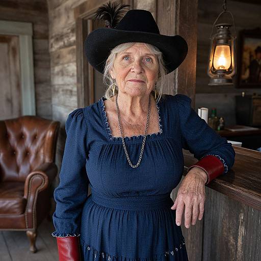 Photograph of an elderly Caucasian woman with white hair, blue eyes, wearing a black dress, red gloves, and wide-brimmed hat, leaning