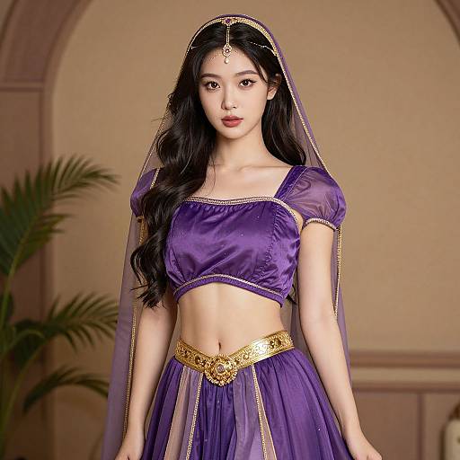 Digital artwork of an Asian woman with long black hair, wearing a purple harem outfit with gold trim, veil, and headpiece, standing in an