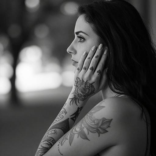 Black-and-white photograph of a tattooed woman with long dark hair, profile view, hands gently touching face, outdoor blurred background.