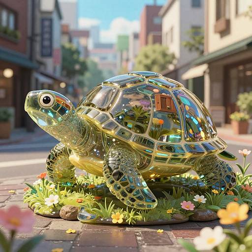 Photorealistic CGI of a shiny, reflective golden turtle sculpture with colorful flowers and grass on a sunlit, urban street.