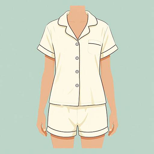 Digital illustration of a faceless person wearing a white short-sleeve button-up shirt and white shorts on a light blue background.