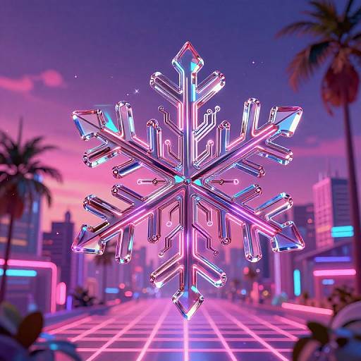 Neon Cyber Snowflake Over Retro City