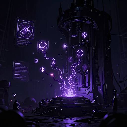 Cyberpunk digital artwork: Neon purple circuit lines and glowing orbs surround a futuristic, dark machine, illuminated by a central bright purple flame.