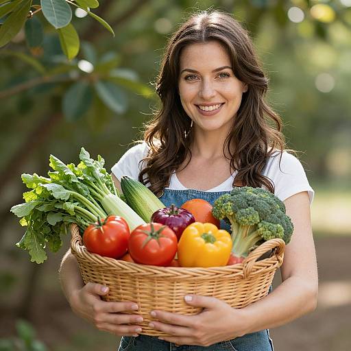 Photograph of a smiling, dark-haired woman in denim overalls holding a wicker basket of vibrant vegetables, including tomatoes, bell peppers, broccoli,