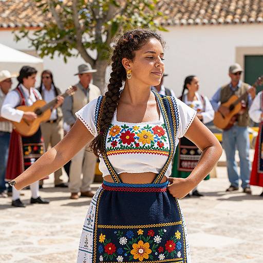 Photograph of a smiling young woman with braided hair, wearing a white embroidered top and blue floral skirt, performing outdoors with musicians in the background.