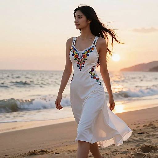Photograph of an Asian woman with long black hair, wearing a white dress with colorful embroidery, walking on a sandy beach at sunset with waves in the