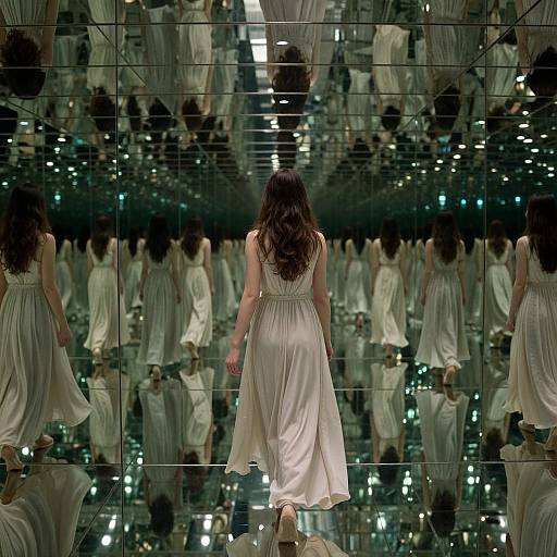 Photograph of a woman with long brown hair, wearing a flowing white dress, walking away from a mirrored wall reflecting multiple images of her. The floor