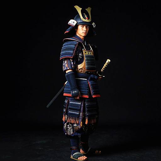Photograph of a Japanese samurai standing in profile against a black background, wearing traditional dark blue armor, helmet with yellow plume, holding a sword