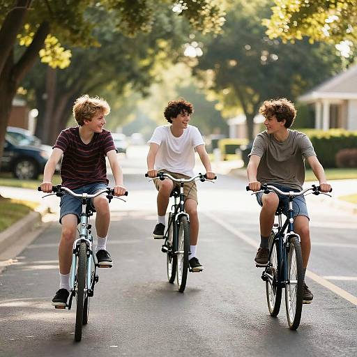 Teen Boys Biking on Sunlit Street
