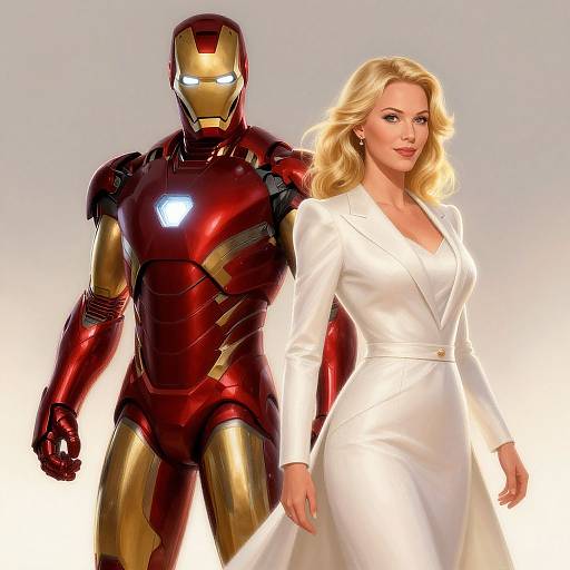 Photograph-style CGI of Iron Man in red and gold armor standing behind a smiling, blonde woman in a white, V-neck dress.