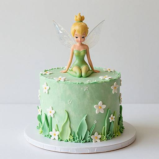 Photograph of a green, fairy-themed cake with a Tinker Bell figurine sitting on top, surrounded by fondant flowers and grass.