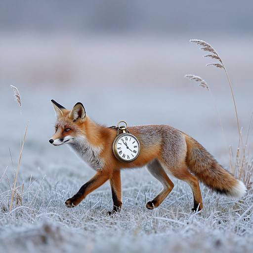 Photograph of a red fox with a pocket watch attached to its neck, walking through a frosty field with tall grass.