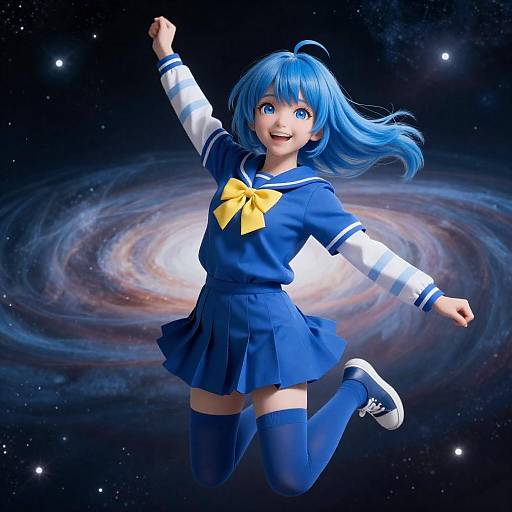 Blue-Haired Girl Floating Through Space