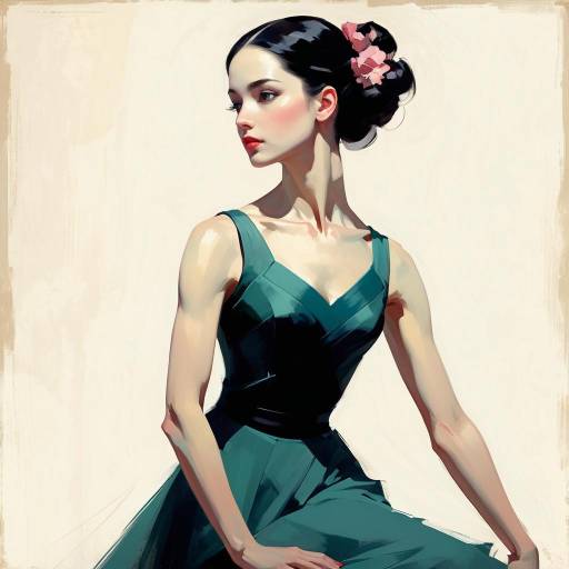 Digital artwork of a slender, pale-skinned woman with dark hair in a bun, wearing a deep green, sleeveless dress, posing elegantly against