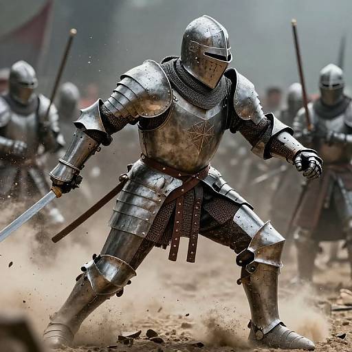 Photograph of a medieval knight in shiny, detailed steel armor, wielding a sword, surrounded by fellow armored warriors in a dusty battlefield.