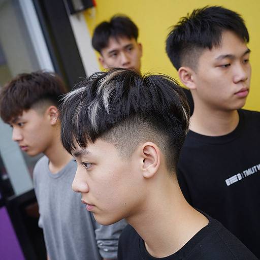 Photograph of four Asian teenage boys with short, black, undercut hairstyles in a salon; front boy's haircut highlighted, yellow wall background.