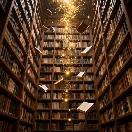 Photograph of a grand library with towering bookshelves filled with colorful books. Bright, golden sparks and floating white papers cascade from the ceiling, creating