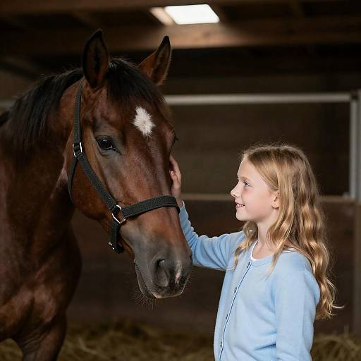 Girl Petting Brown Horse in Barn