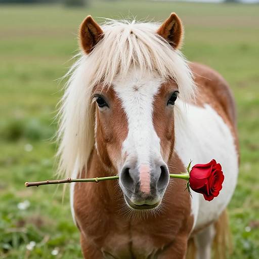 Photograph of a brown and white pony with a long, blonde mane, holding a red rose in its mouth, standing in a green, grassy