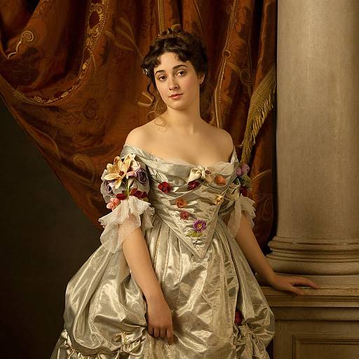 Photograph-style painting of a fair-skinned woman with dark curly hair, wearing an off-shoulder, silver satin dress adorned with floral embroidery,