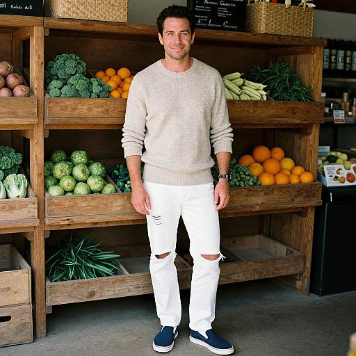 Photograph of a handsome man with short black hair, light beard, wearing a beige sweater, white ripped jeans, and blue sneakers, standing in front